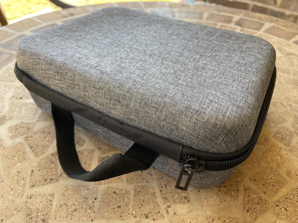 portable drone case shown zipped up on a table top