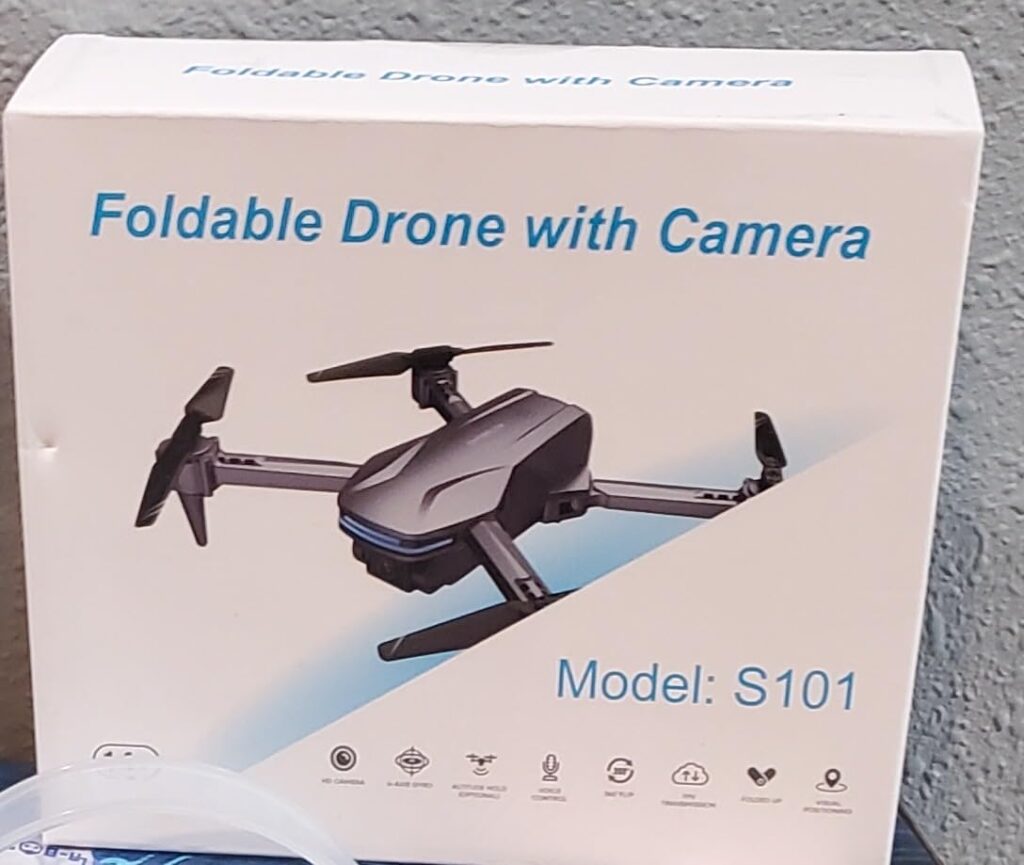 foldable drone with case shown in box delivered for less than $50