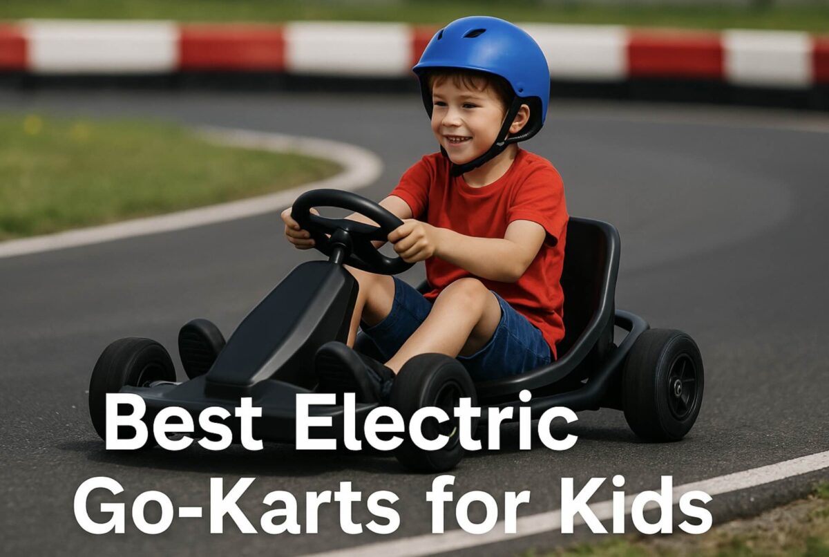 Picture of a Kid Happy and Riding an E-Kart Around a Track