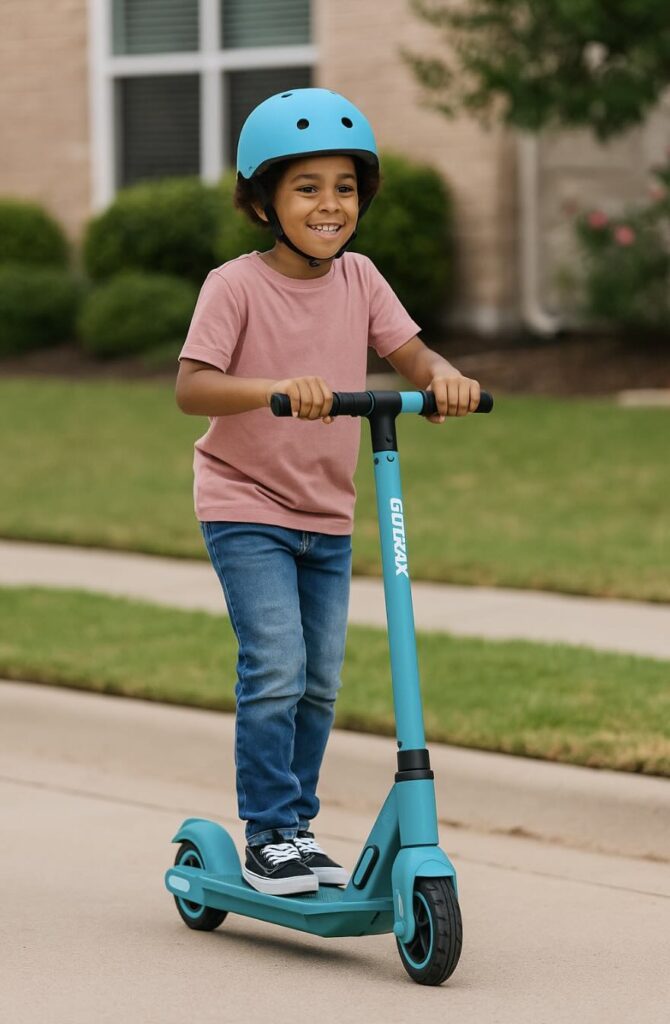 Picture of a young child in a GoTrax GKS Plus electric scooter