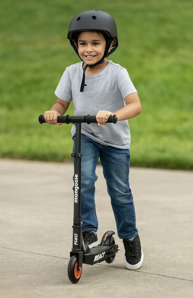 Picture of a young boy on a Mongoose React E4 Scooter
