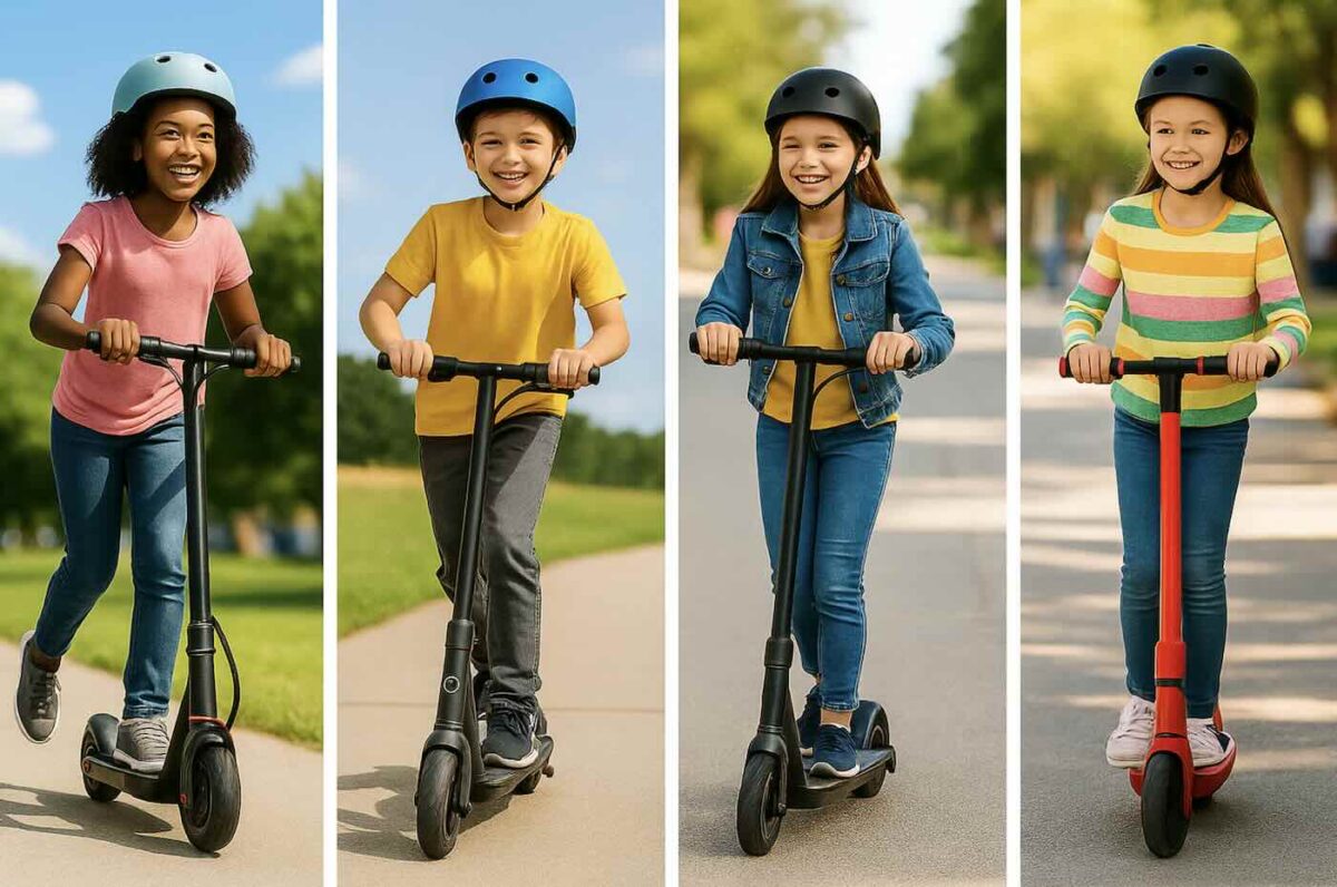 Four kids—two boys and two girls, each on a different brightly colored electric scooter—ride side-by-side on a sunny neighborhood street, wearing unique helmets and casual outfits.