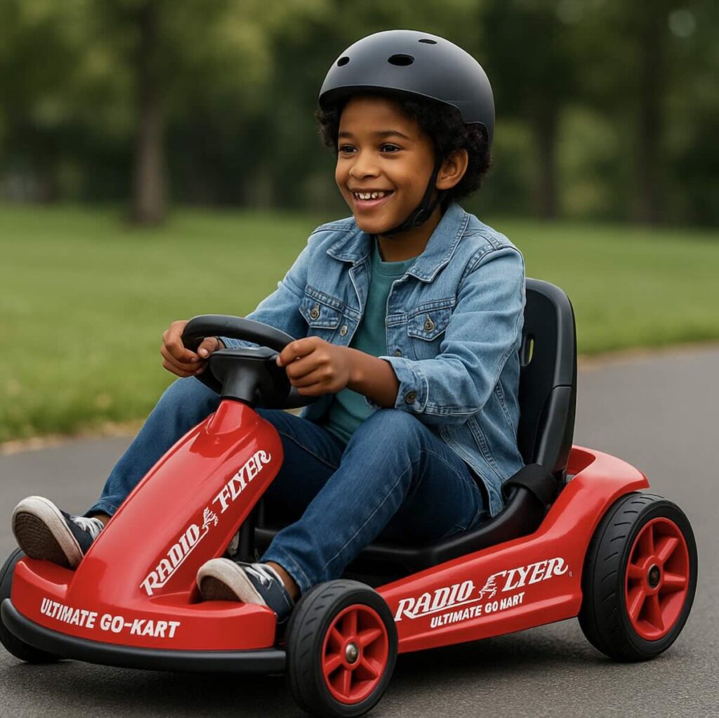 Picture of a happy boy on a Radio Flyer Ultimate Go-Kart