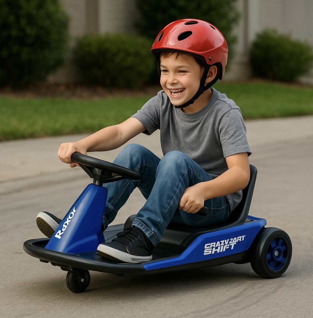 Kid Smiling Driving a Razor Crazy Cart Shift 2.0