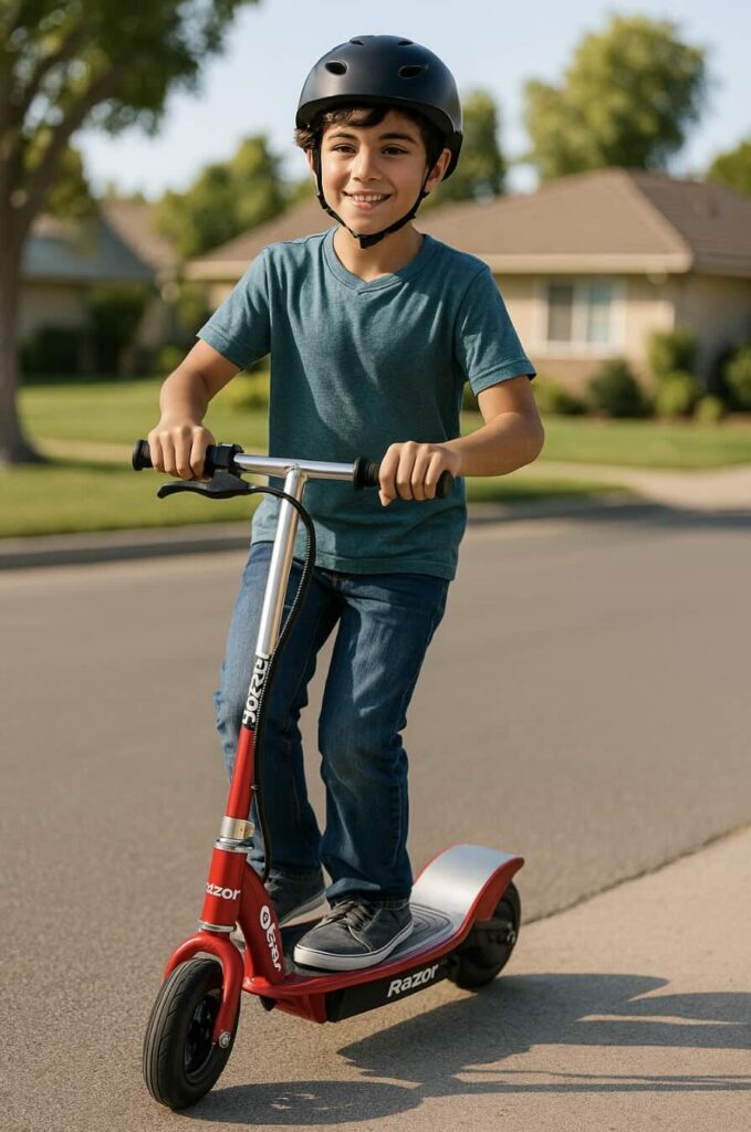 a kid confidently riding a red Razor E100