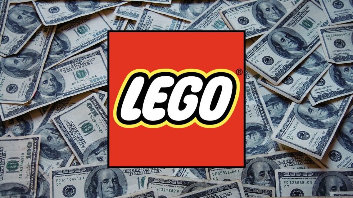 Image of a LEGO logo over hundred dollar bills