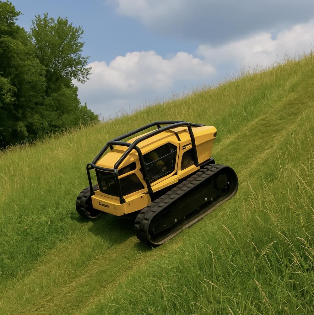 remote control mower on a 25 degree steep hill mowing grass in a large field