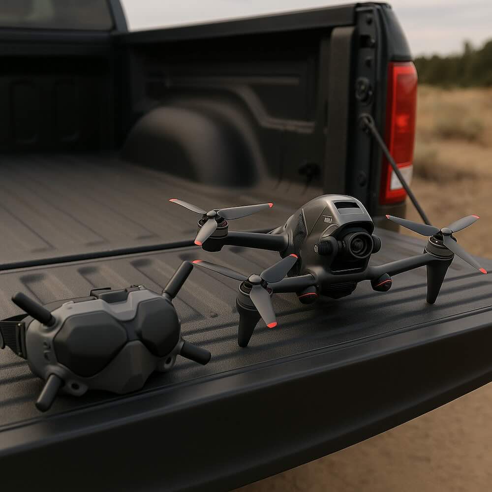 Image of FPV goggles on tailgate, Avata ready to rip