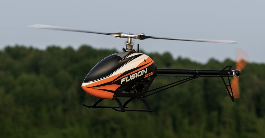 Image of a Fusion 550 in high hover with tail rotor blur