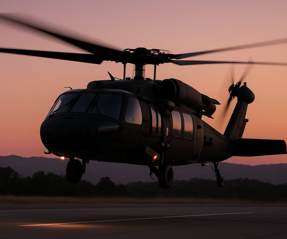 Image of a matte black UH-60 flaring for landing at dusk