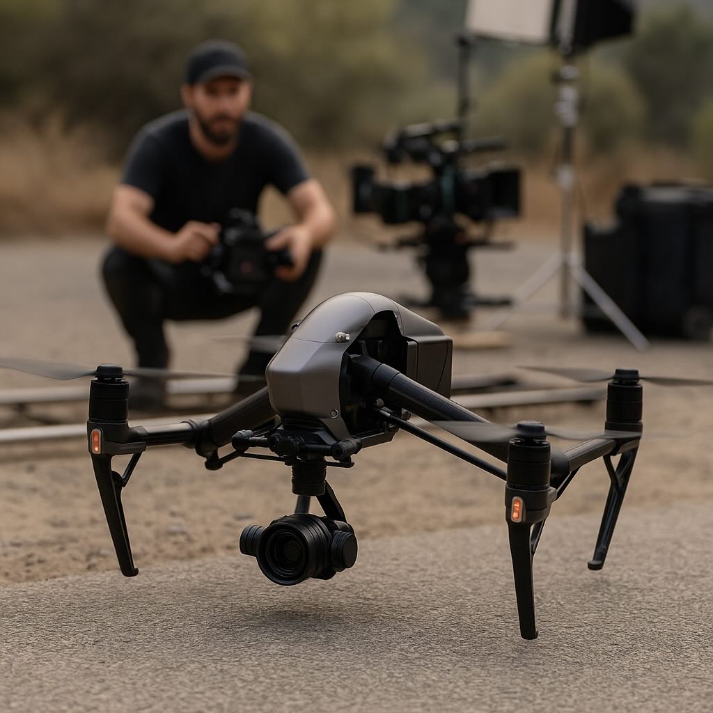 Image of an Inspire 3 lifting off on film set