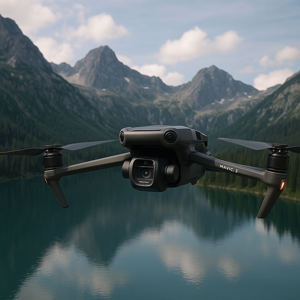 Image of a Mavic 3 hovering above alpine lake