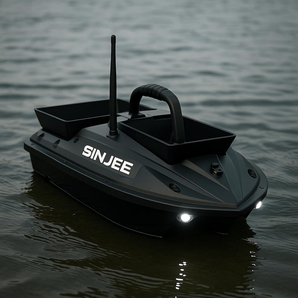 Image of SINJEE Long Range Dual Hopper Bait Boat on a lake