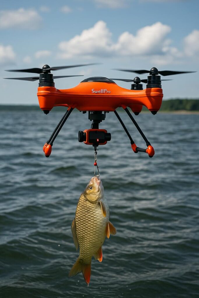 Picture of a SwellPro Fisherman FD1 SplashDrone with a fish in it's line
