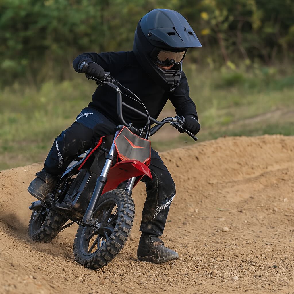 a kid railing a berm on a pint-sized e-dirt bike