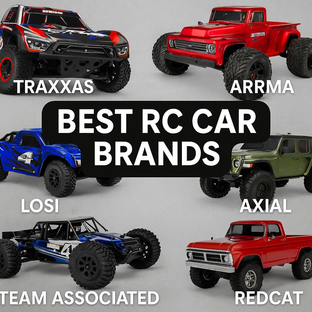 Image of the best 6 rc car brands including Traxxas, Losi, Arrma, and more