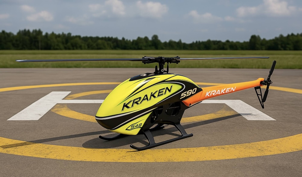 image of a bright yellow Kraken 580 on a helipad