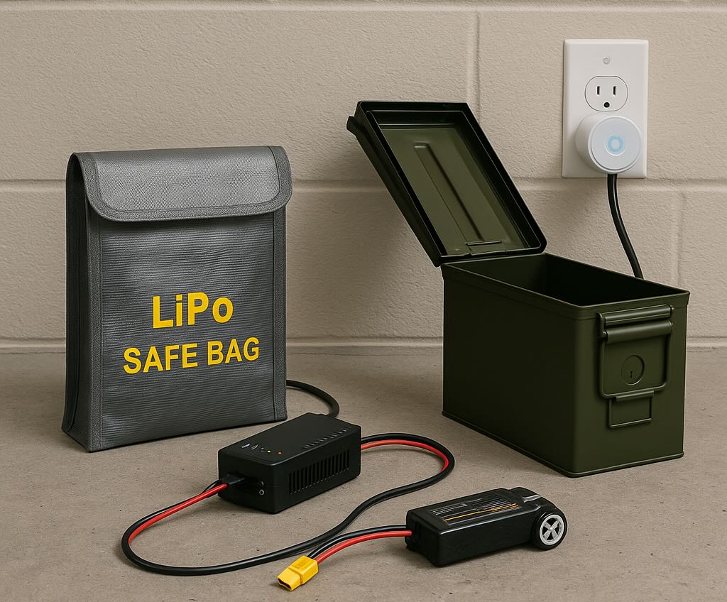 image of fireproof charging setup – LiPo bag, metal ammo box, smart plug