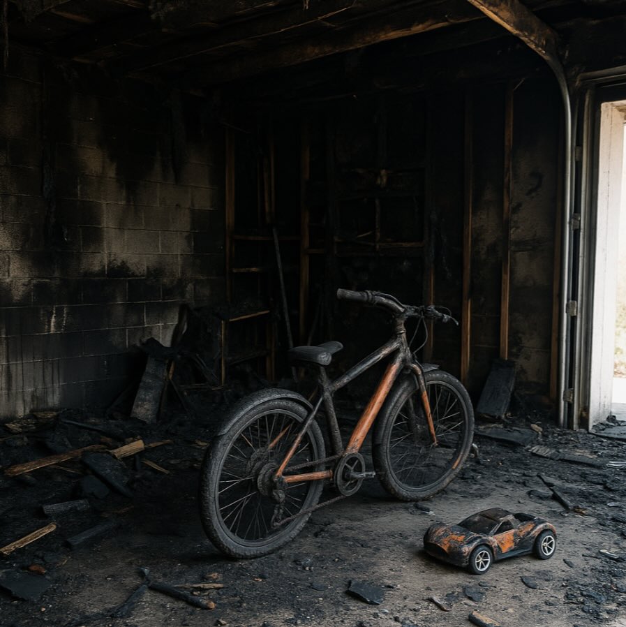 image of burned-out garage with e-bike or RC gear