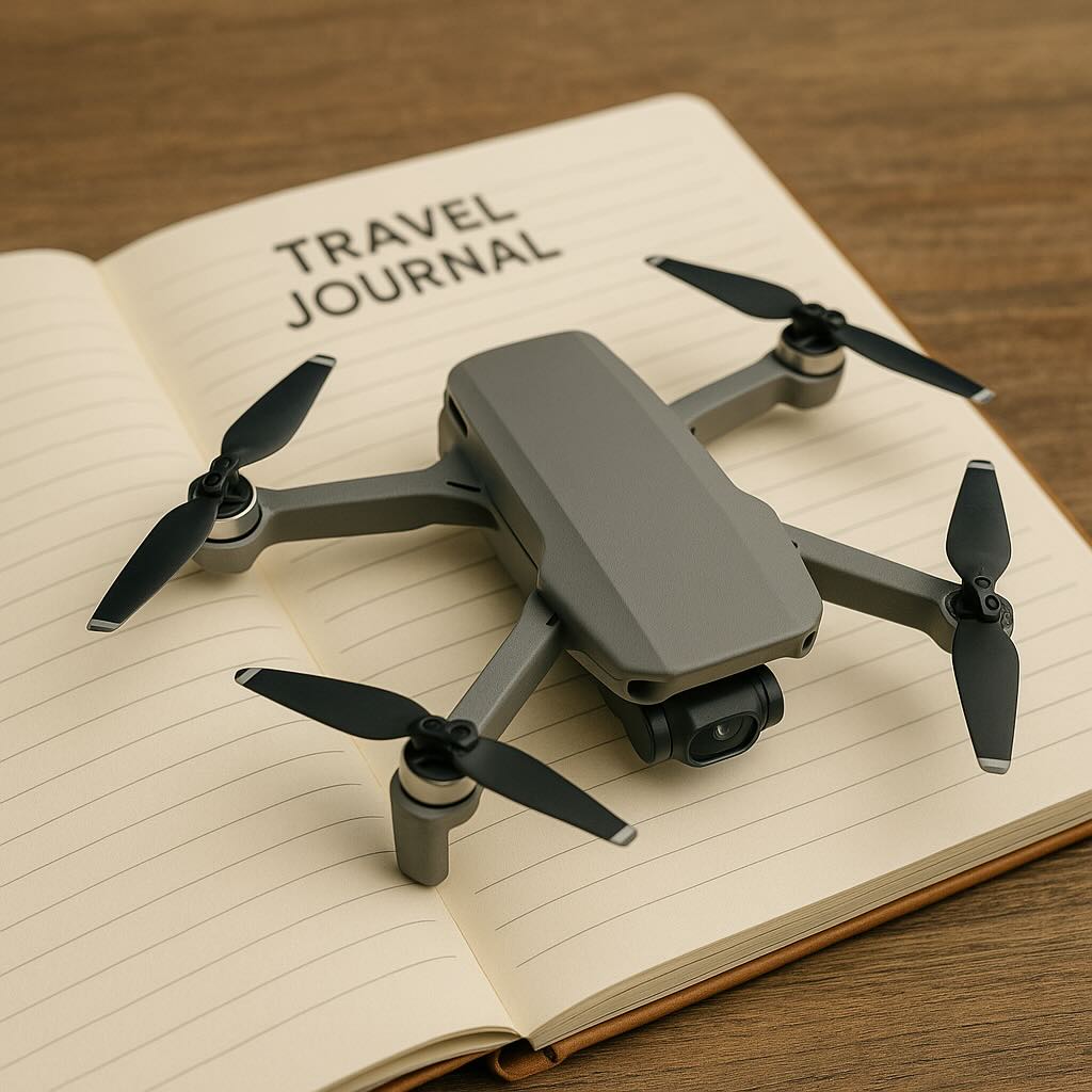 Image of a palm-sized drone on travel journal