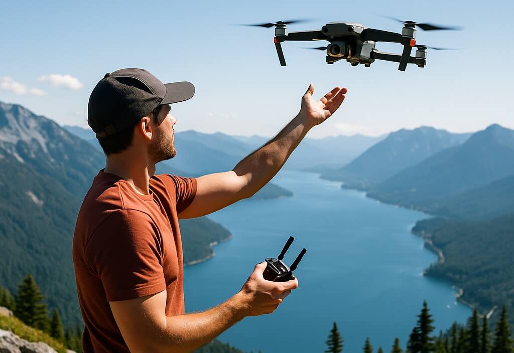 image of a pilot launching a drone from a mountain overlook