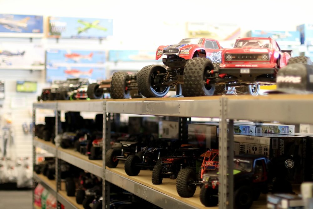Top selling RC cars and trucks on the shelves at a local toy store