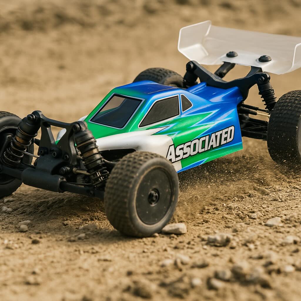 Team Associated rc car in the dirt racing